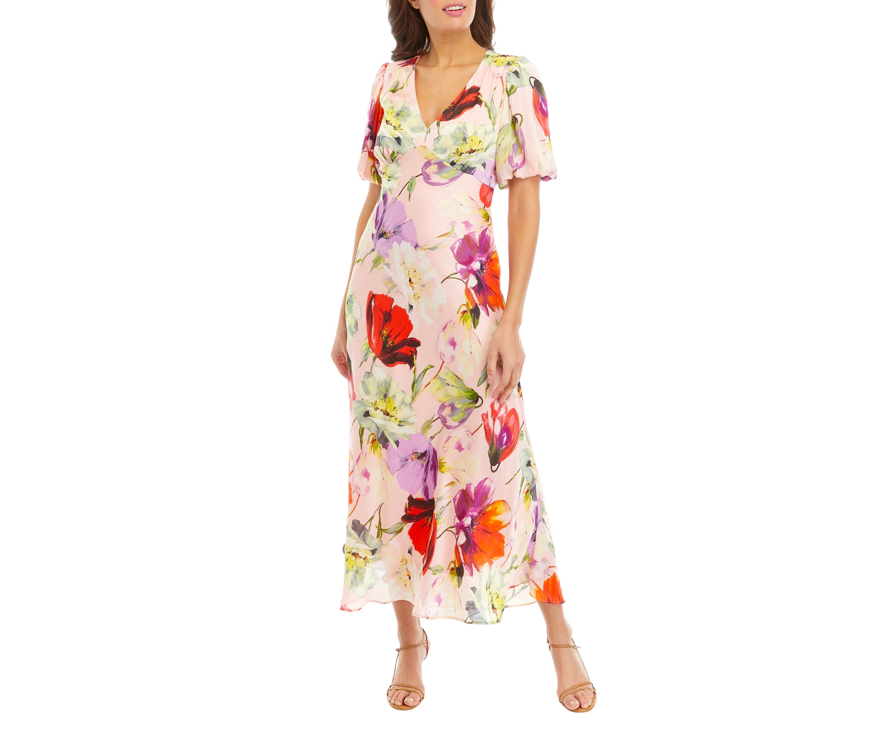 Womens Short Sleeve Chiffon V-Neck Floral Print Midi Dress