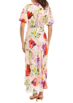 Women's Short Sleeve Chiffon V-Neck Floral Print Midi Dress