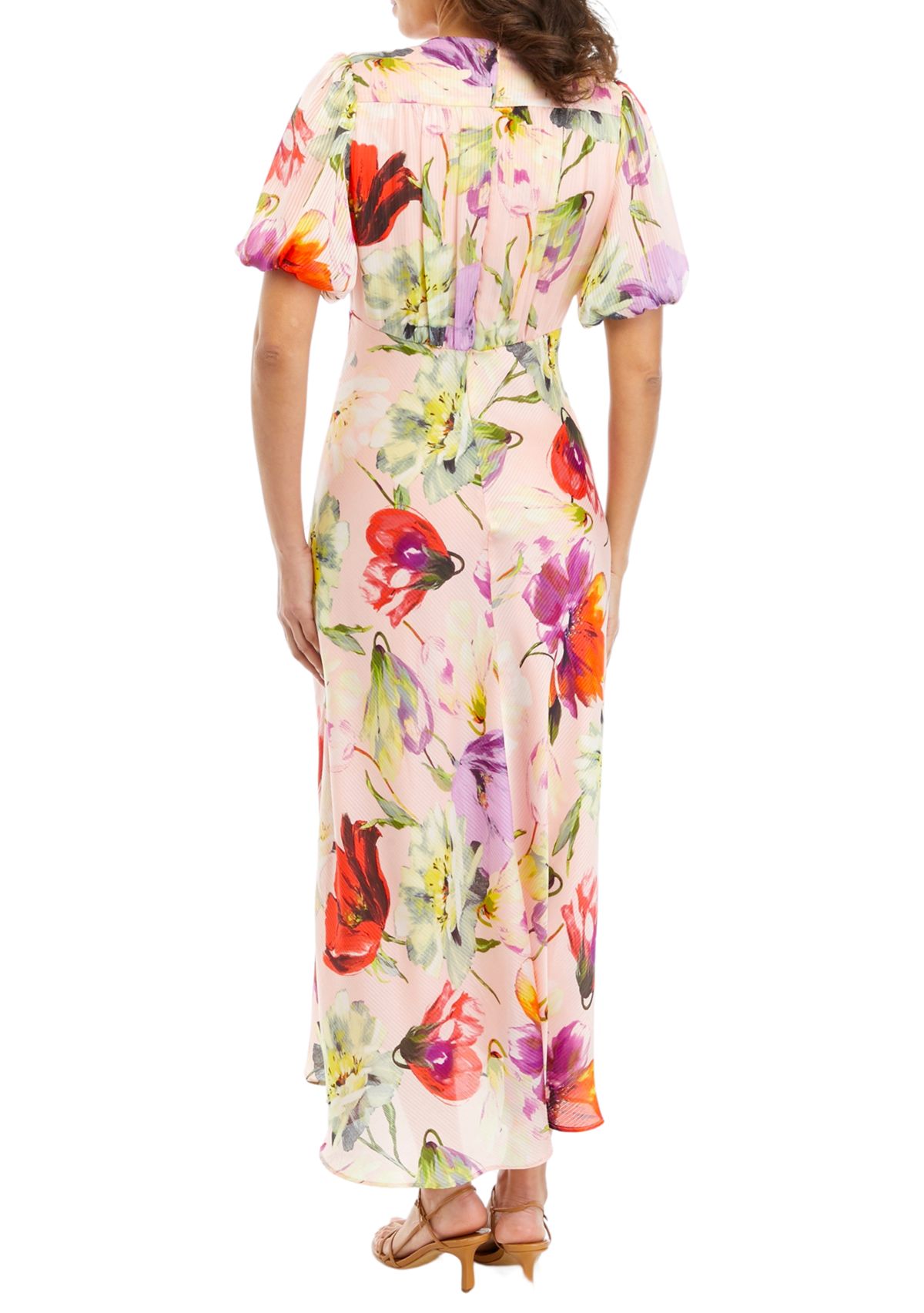 Womens Short Sleeve Chiffon V-Neck Floral Print Midi Dress