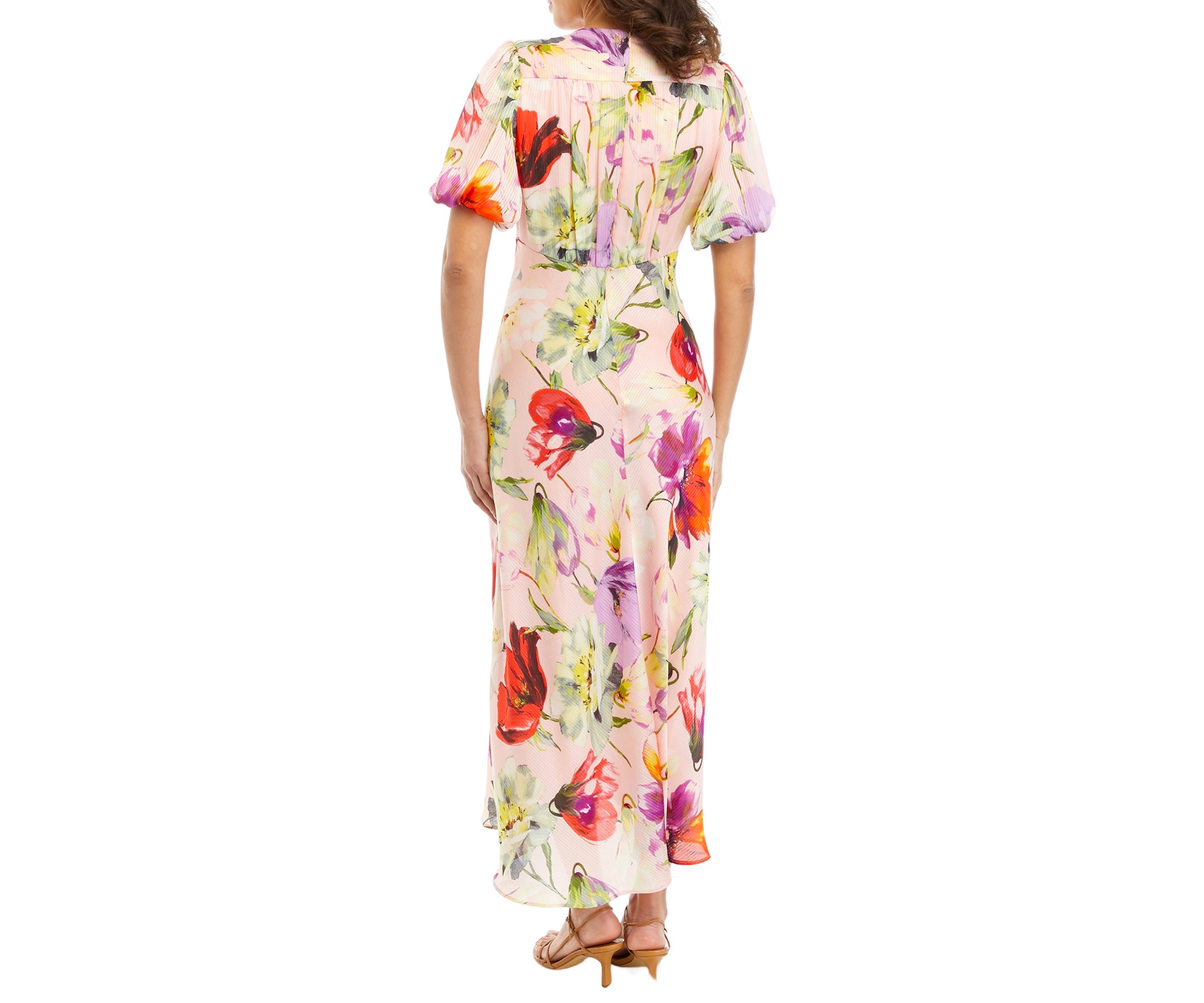 Womens Short Sleeve Chiffon V-Neck Floral Print Midi Dress
