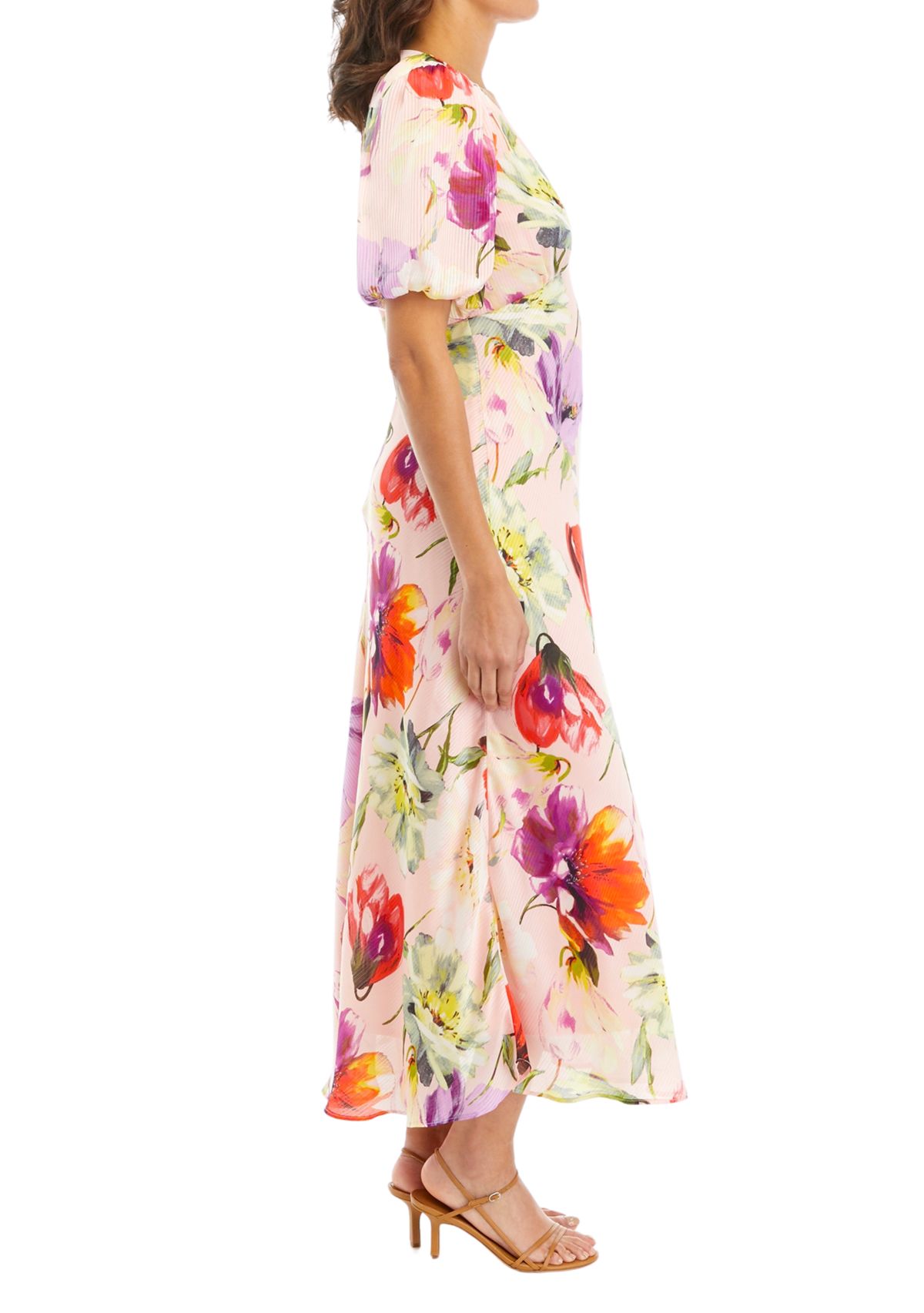 Womens Short Sleeve Chiffon V-Neck Floral Print Midi Dress