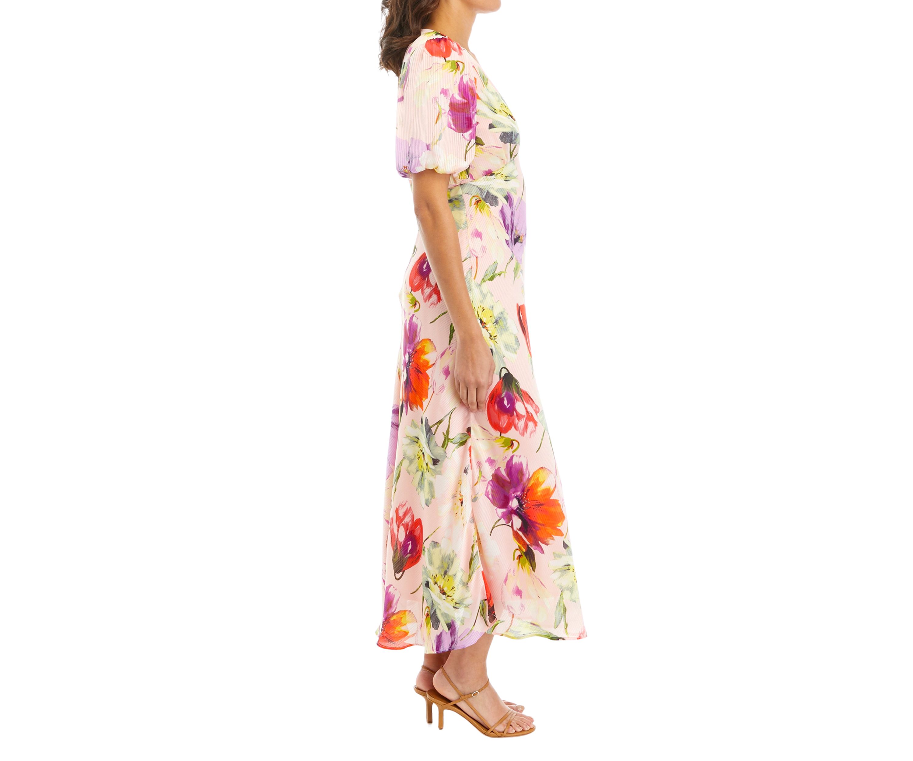 Womens Short Sleeve Chiffon V-Neck Floral Print Midi Dress