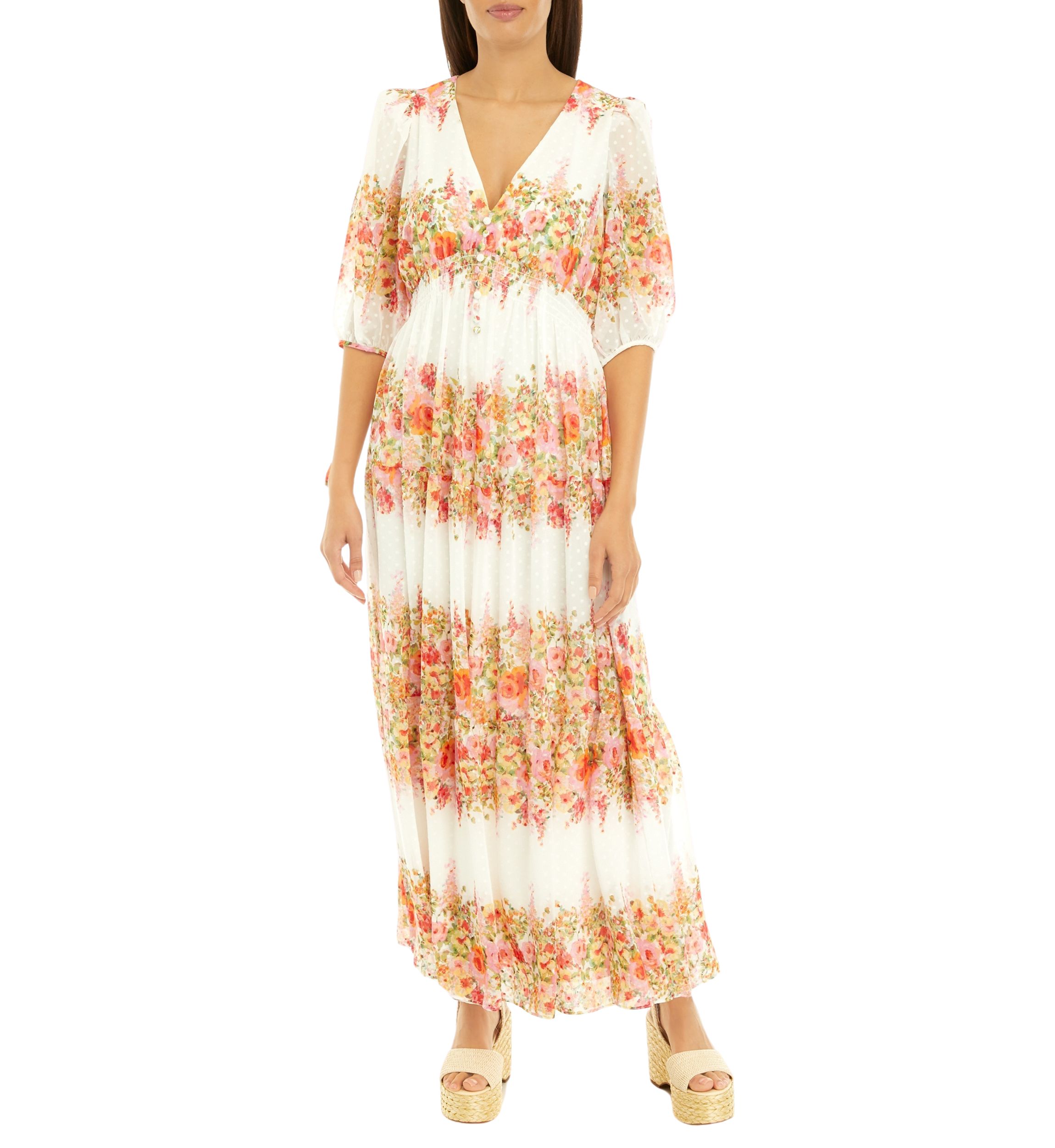 Womens Elbow Sleeve V-Neck Floral Print Chiffon Maxi Dress