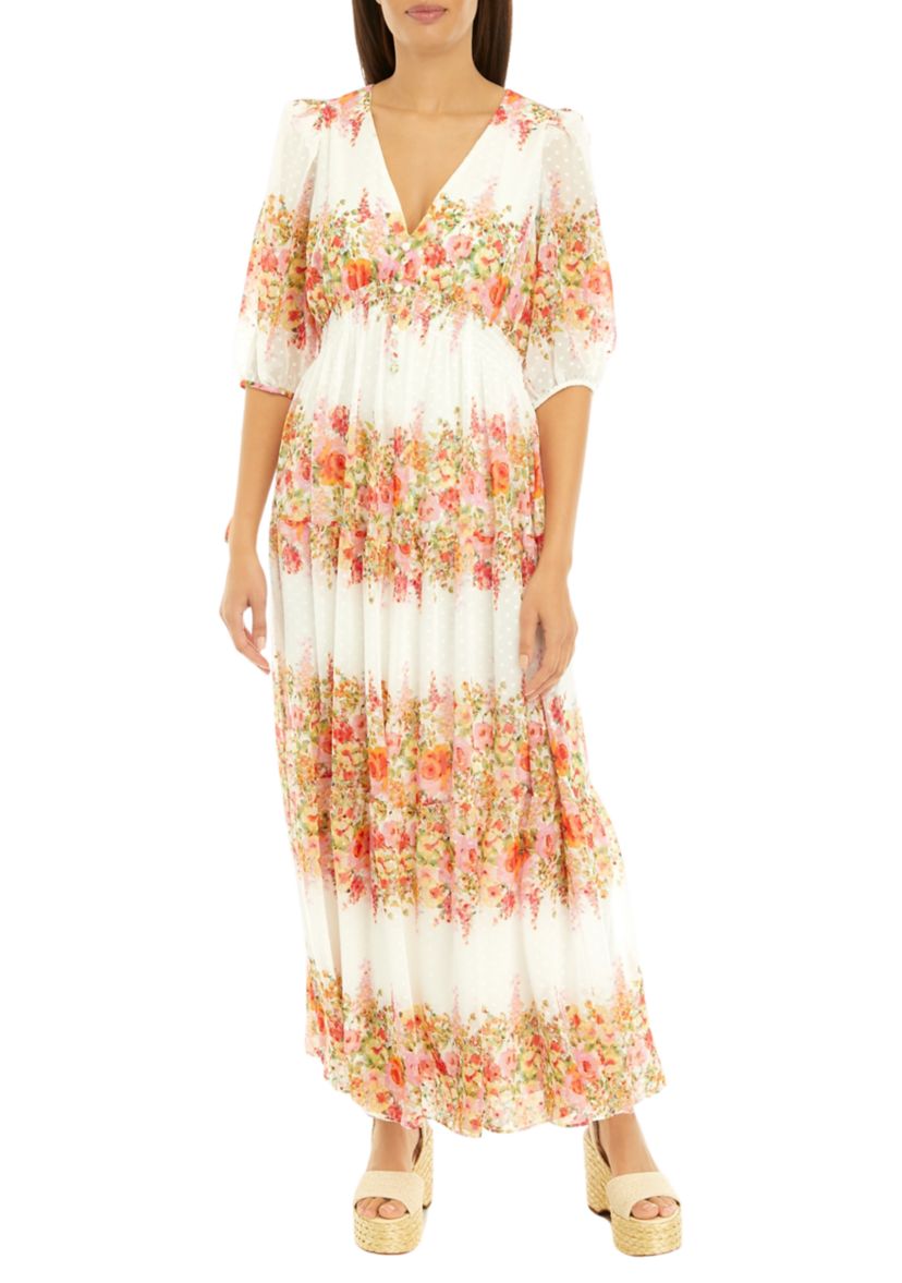 Womens Elbow Sleeve V-Neck Floral Print Chiffon Maxi Dress