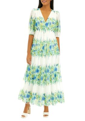 Women's Elbow Sleeve V-Neck Floral Print Chiffon Maxi Dress