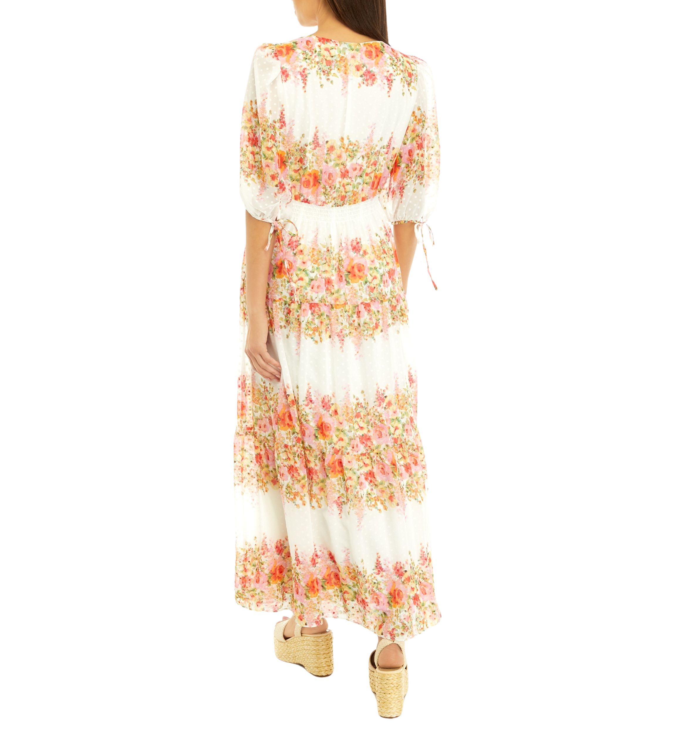 Womens Elbow Sleeve V-Neck Floral Print Chiffon Maxi Dress