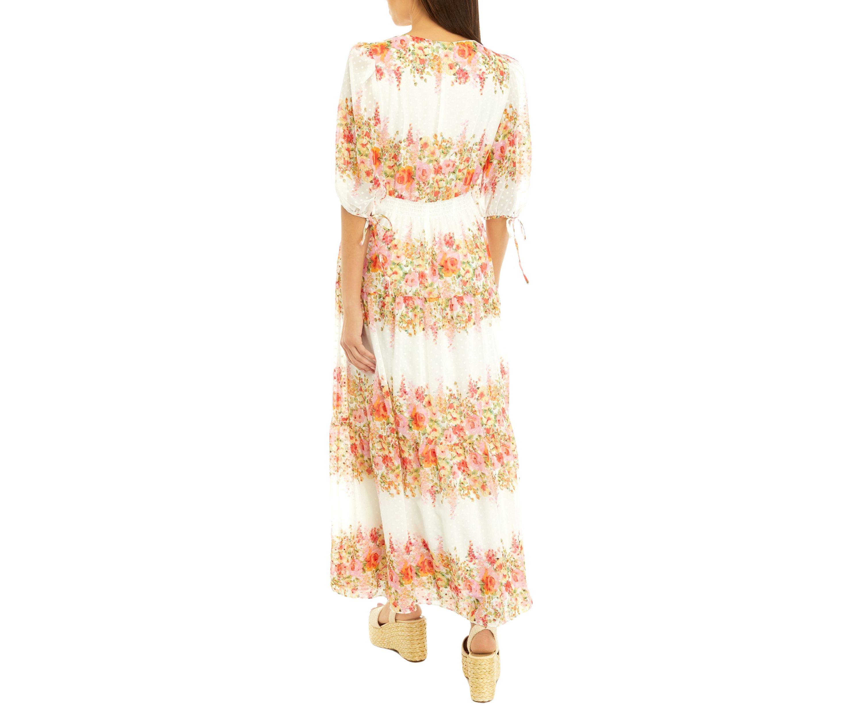 Womens Elbow Sleeve V-Neck Floral Print Chiffon Maxi Dress