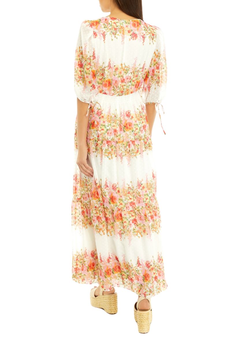 Womens Elbow Sleeve V-Neck Floral Print Chiffon Maxi Dress