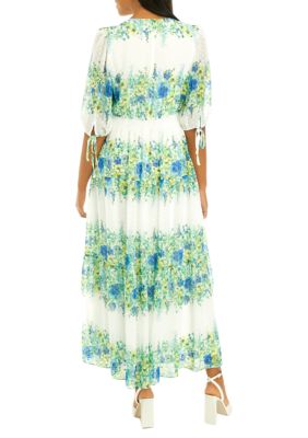 Women's Elbow Sleeve V-Neck Floral Print Chiffon Maxi Dress