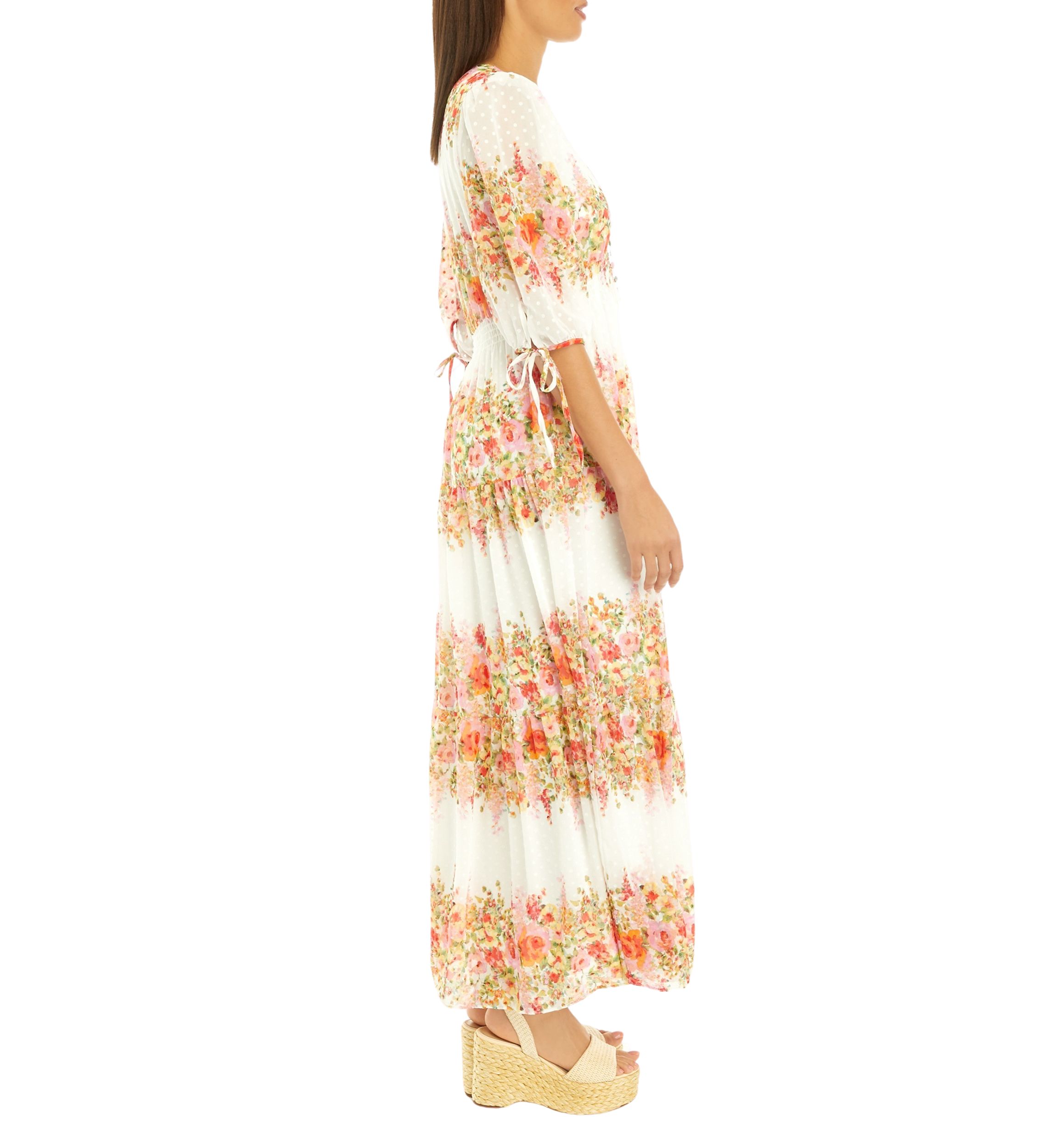Womens Elbow Sleeve V-Neck Floral Print Chiffon Maxi Dress