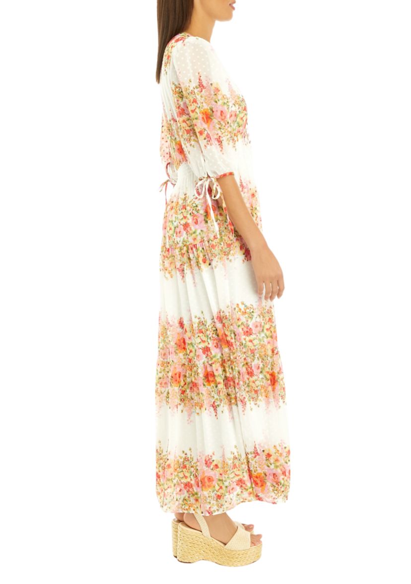 Womens Elbow Sleeve V-Neck Floral Print Chiffon Maxi Dress