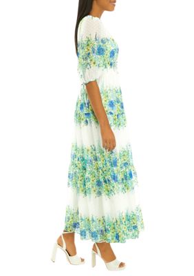 Women's Elbow Sleeve V-Neck Floral Print Chiffon Maxi Dress