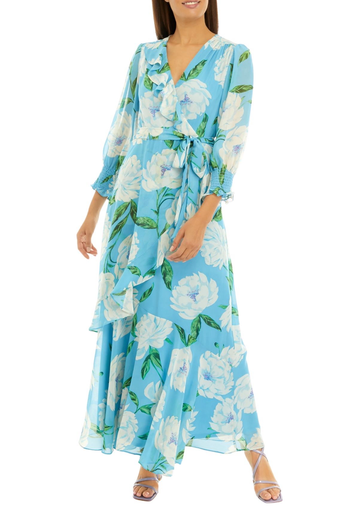 Womens Long Sleeve V-Neck Chiffon Floral Print Maxi Dress