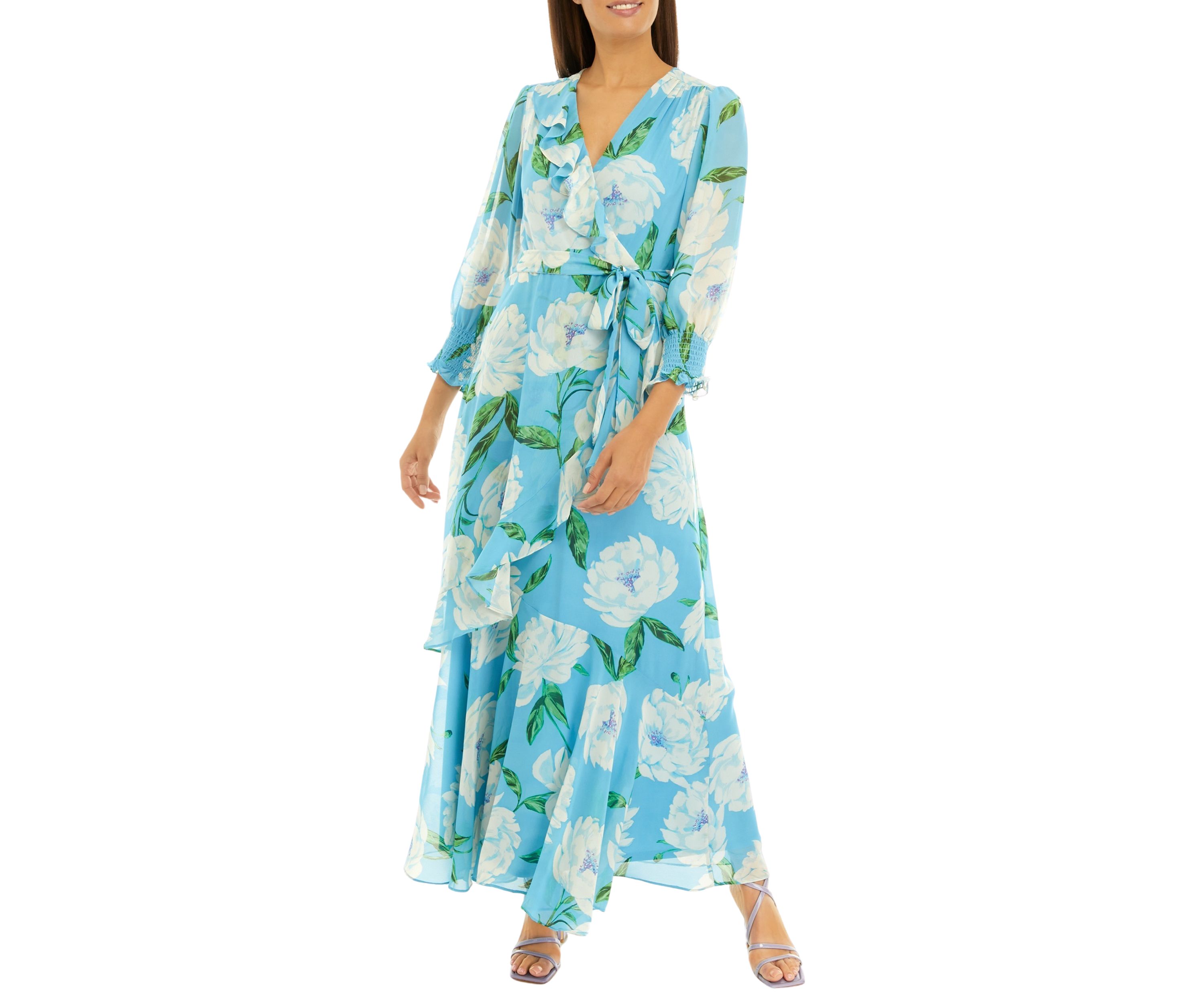 Womens Long Sleeve V-Neck Chiffon Floral Print Maxi Dress