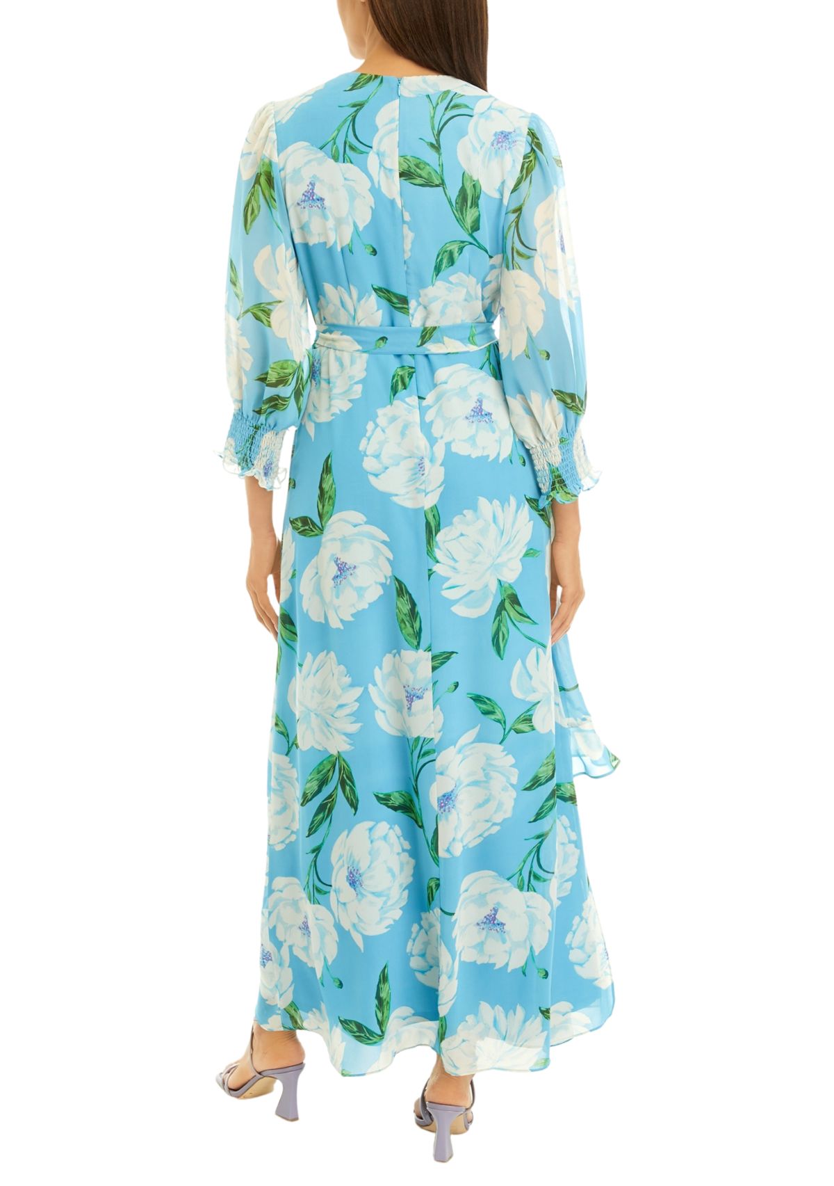 Womens Long Sleeve V-Neck Chiffon Floral Print Maxi Dress