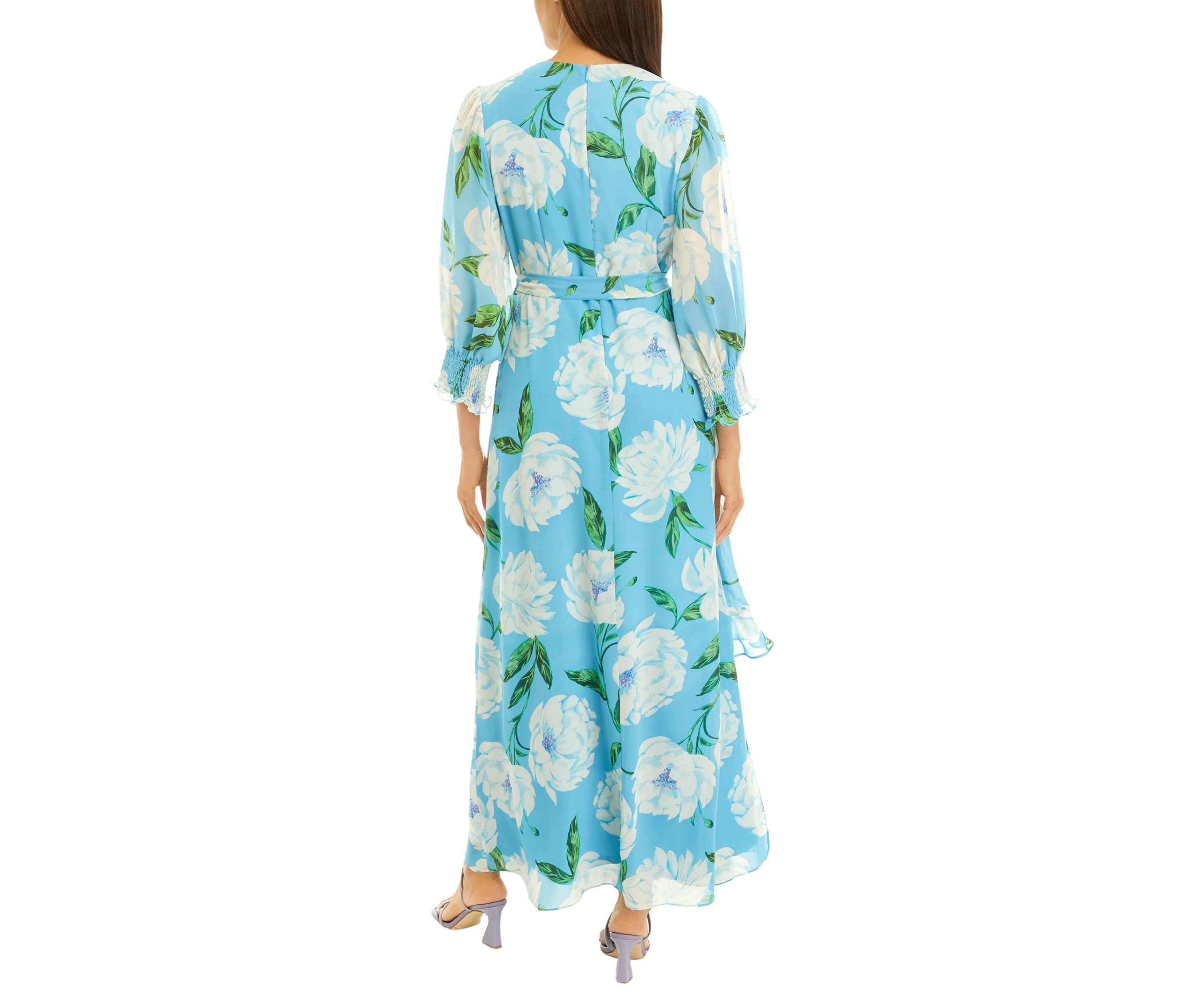 Womens Long Sleeve V-Neck Chiffon Floral Print Maxi Dress