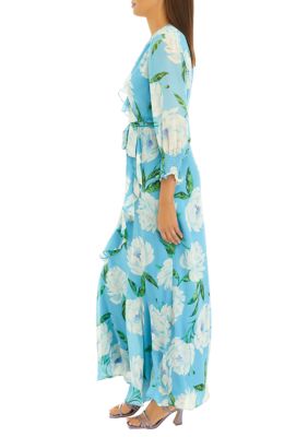 Women's Long Sleeve V-Neck Chiffon Floral Print Maxi Dress