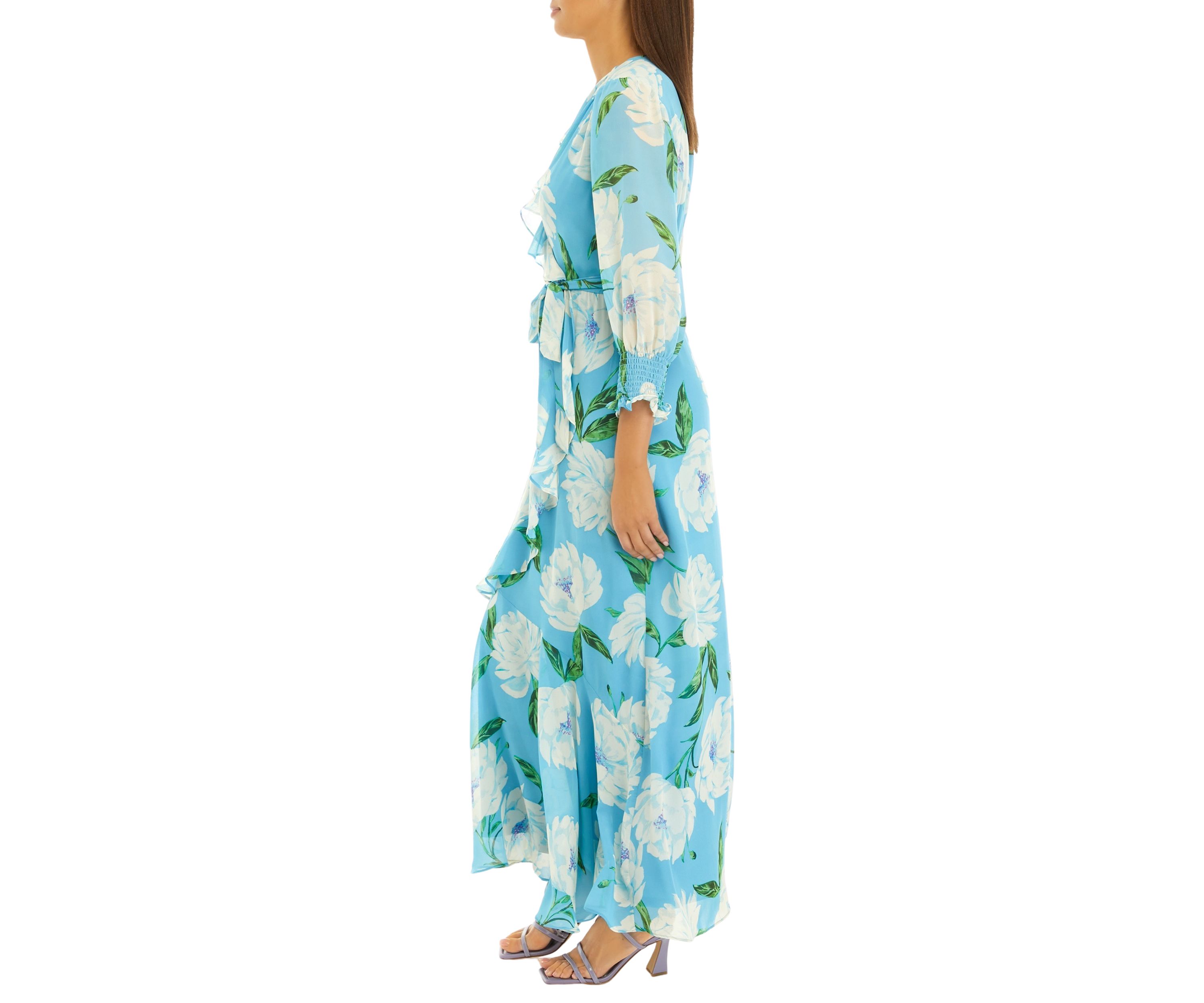 Womens Long Sleeve V-Neck Chiffon Floral Print Maxi Dress