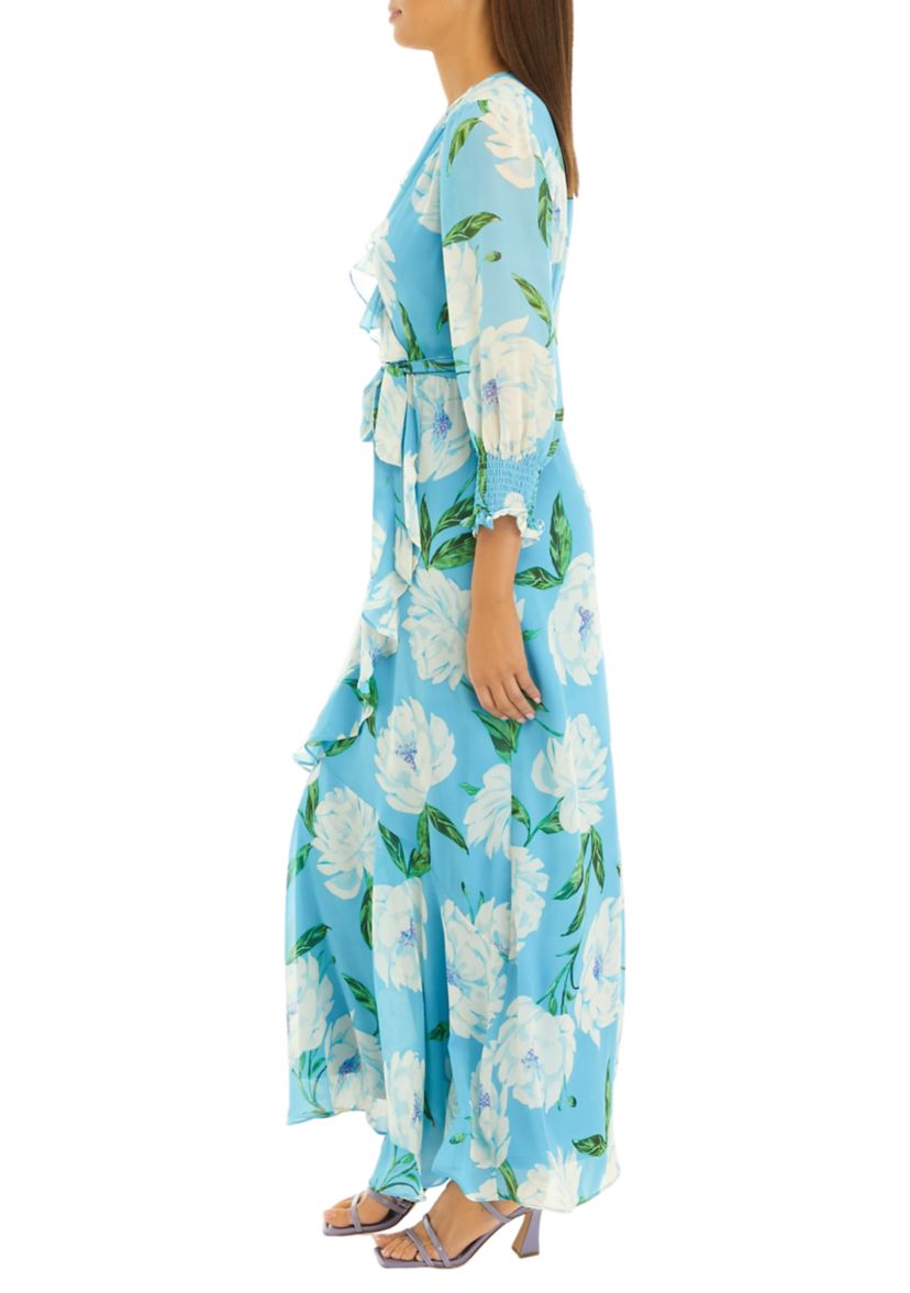 Womens Long Sleeve V-Neck Chiffon Floral Print Maxi Dress