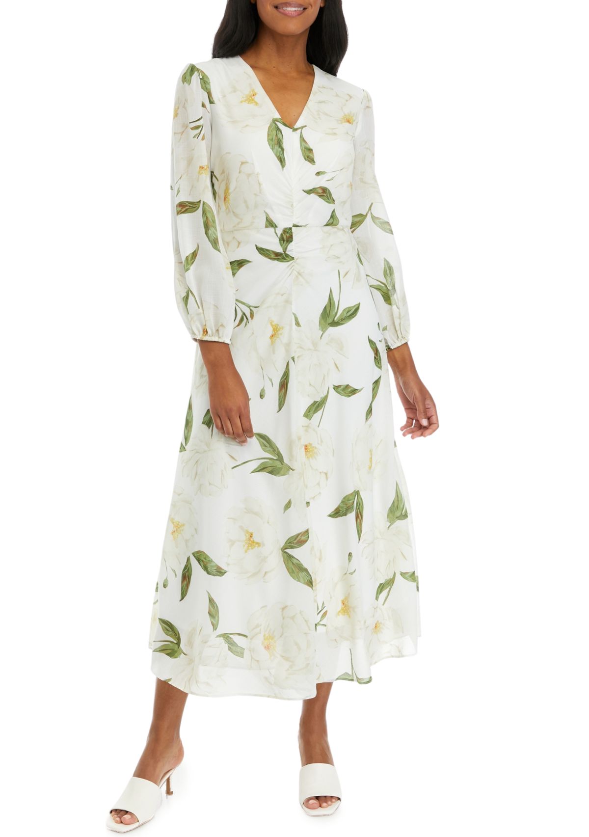 Womens Long Sleeve V-Neck Floral Print Midi Dress