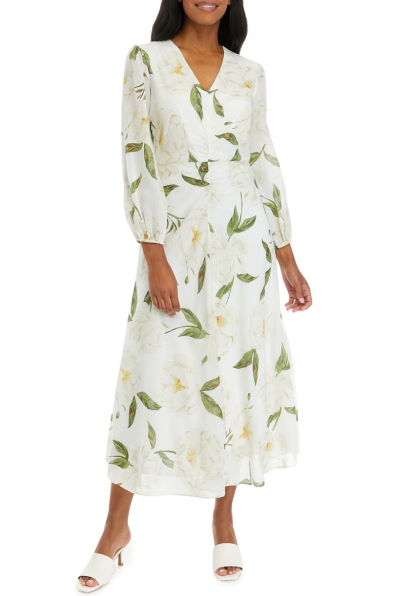 Womens Long Sleeve V-Neck Floral Print Midi Dress