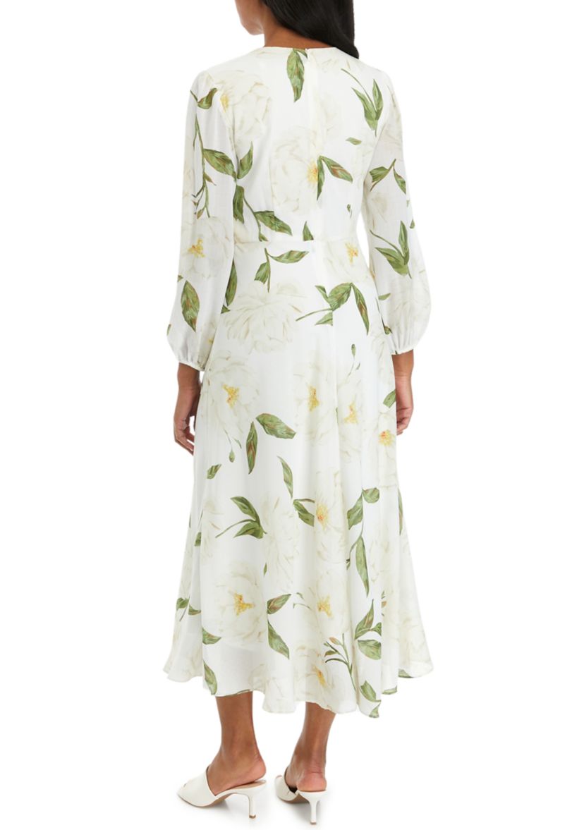 Womens Long Sleeve V-Neck Floral Print Midi Dress