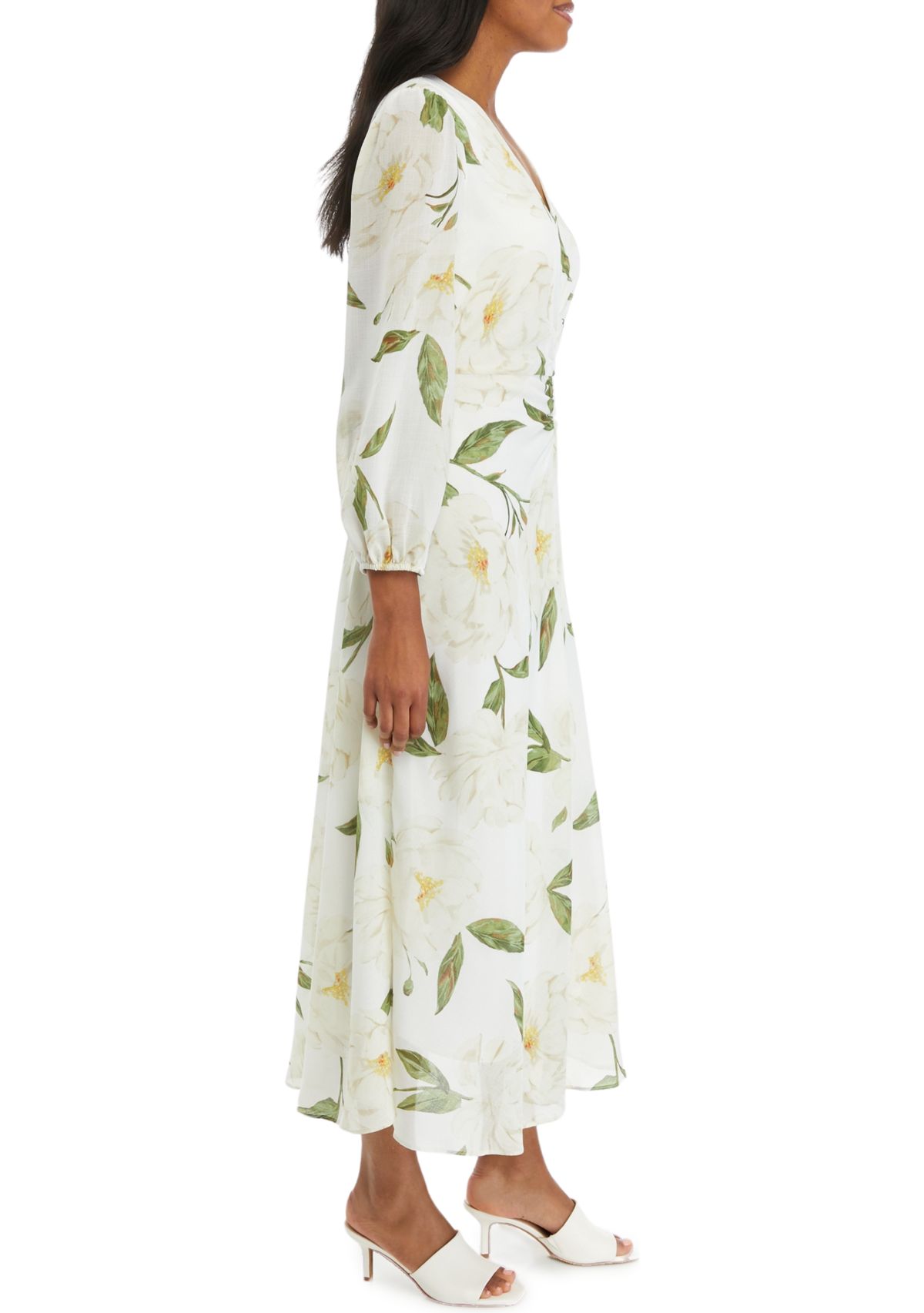 Womens Long Sleeve V-Neck Floral Print Midi Dress