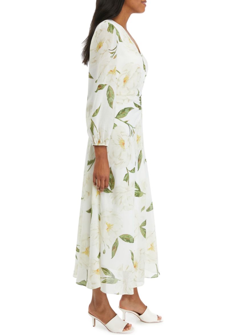 Womens Long Sleeve V-Neck Floral Print Midi Dress