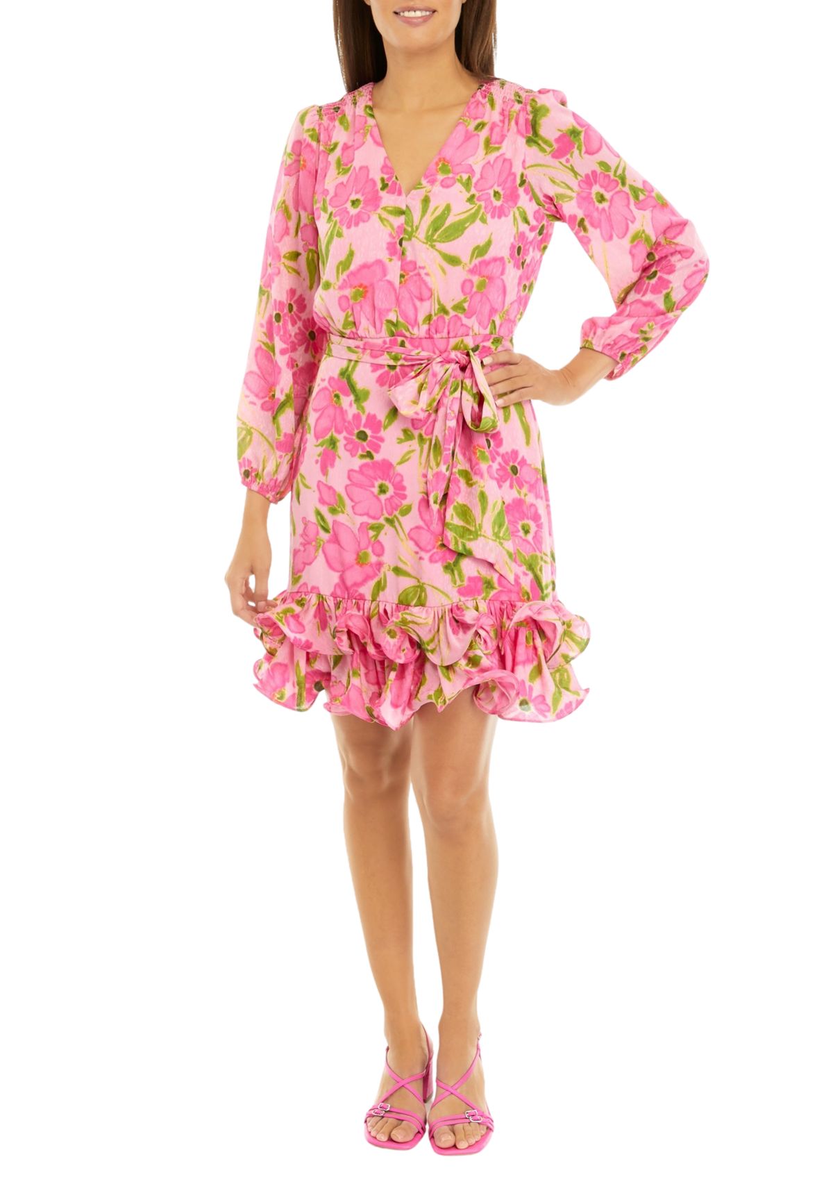 Womens Long Sleeve V-Neck Floral Print Fit and Flare Dress