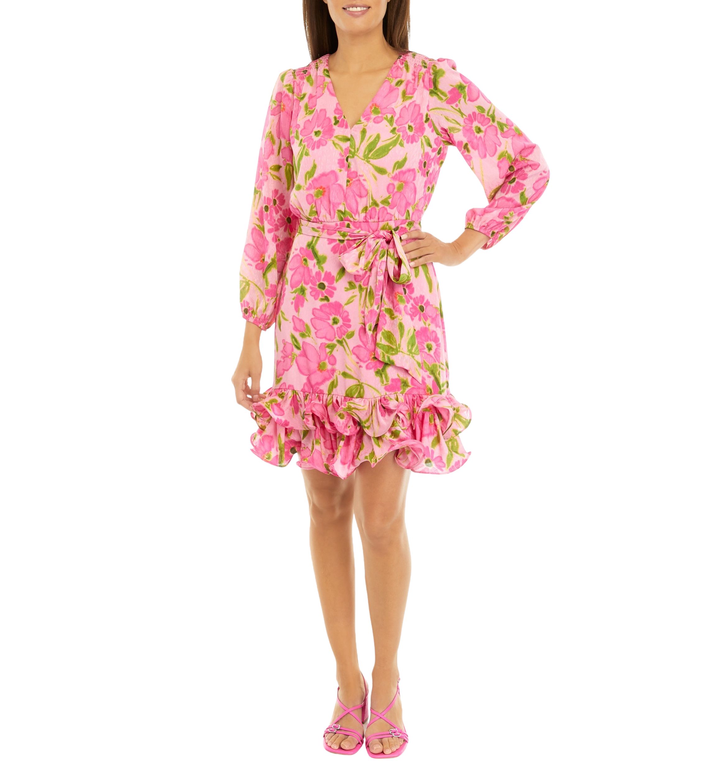 Womens Long Sleeve V-Neck Floral Print Fit and Flare Dress