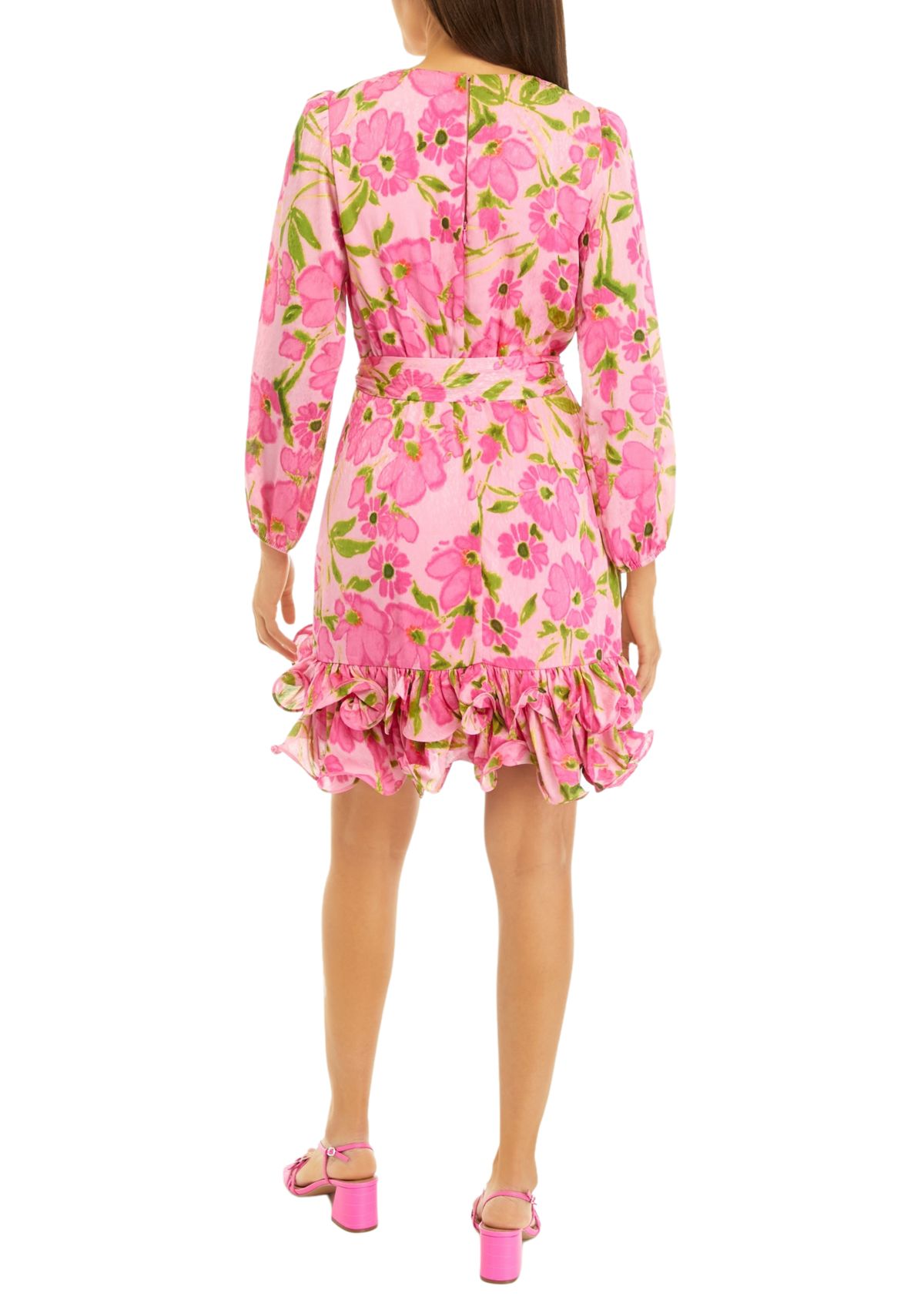 Womens Long Sleeve V-Neck Floral Print Fit and Flare Dress