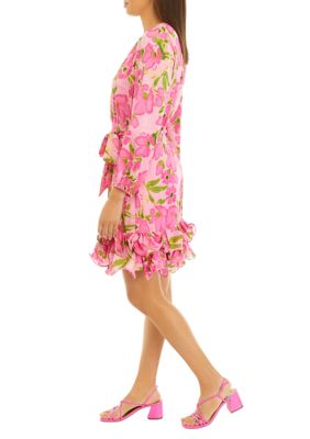 Women's Long Sleeve V-Neck Floral Print Fit and Flare Dress