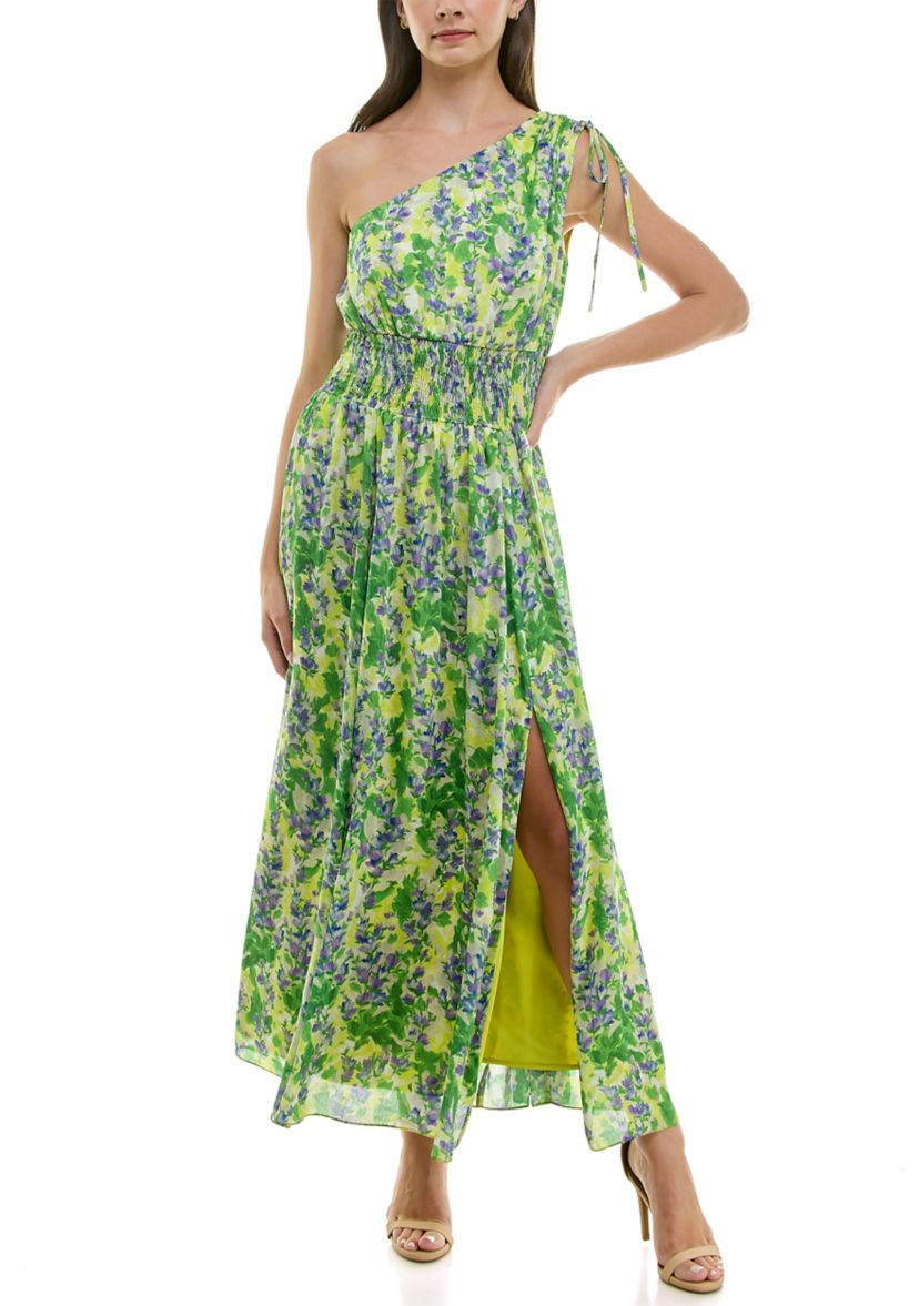 Womens One Shoulder Floral Print Maxi Dress