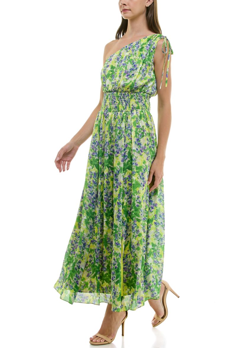 Womens One Shoulder Floral Print Maxi Dress