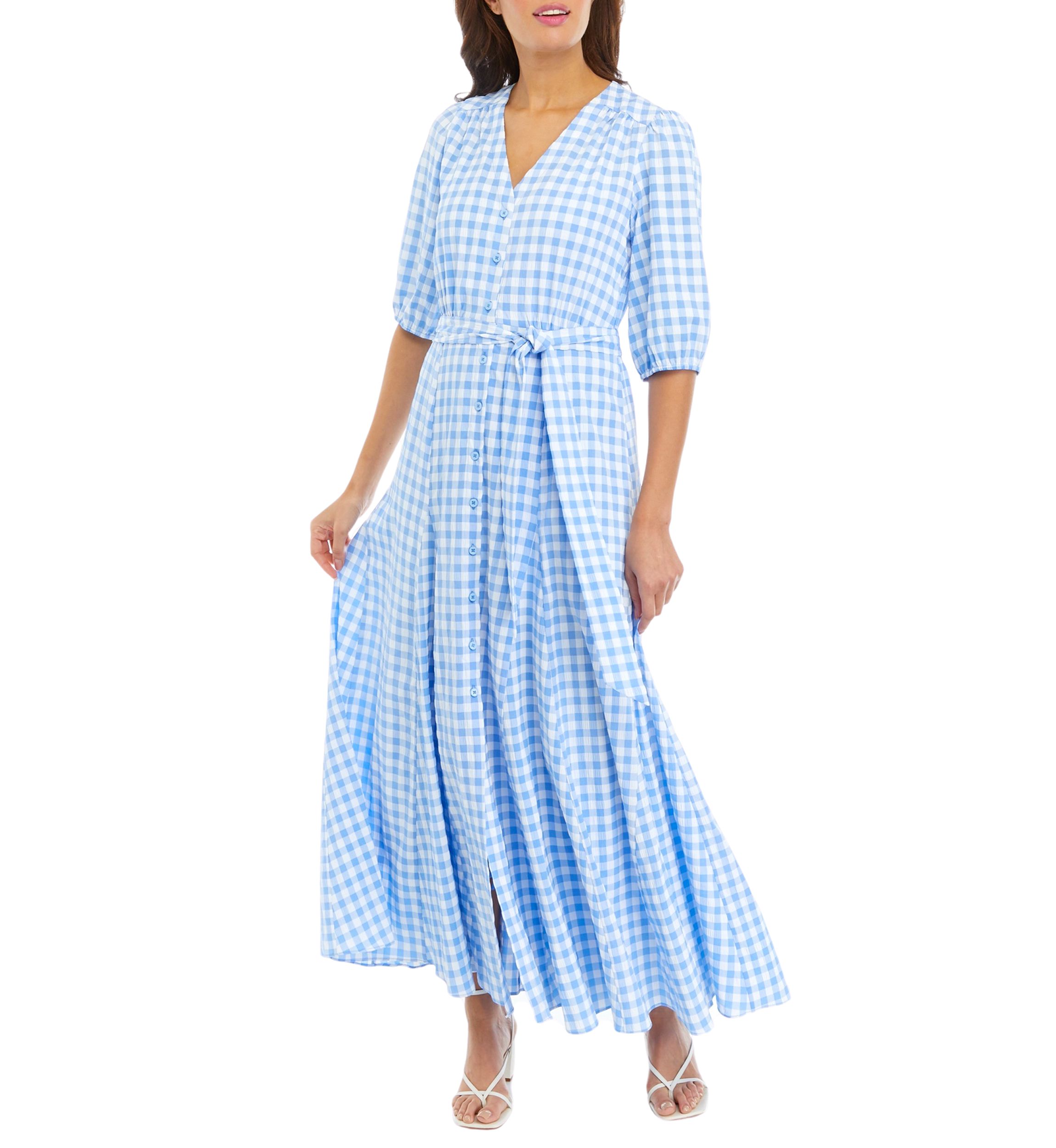 Womens 3/4 Sleeve Tie Waist Gingham Print Midi Dress