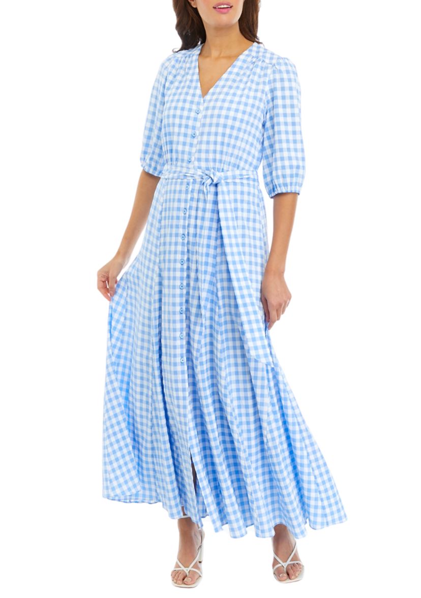 Womens 3/4 Sleeve Tie Waist Gingham Print Midi Dress