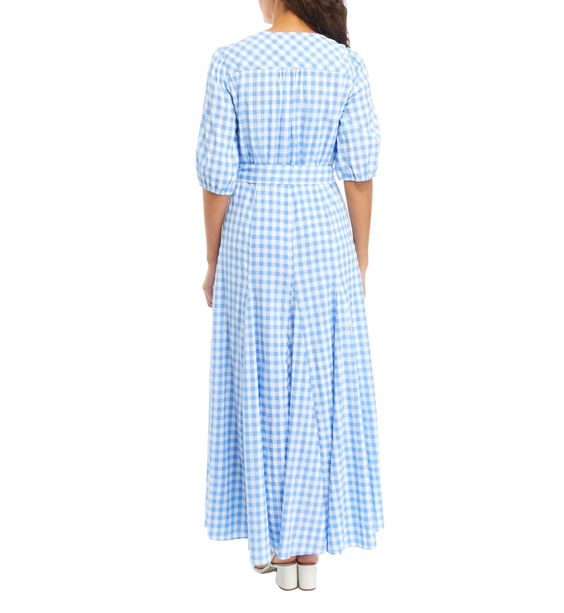 Womens 3/4 Sleeve Tie Waist Gingham Print Midi Dress