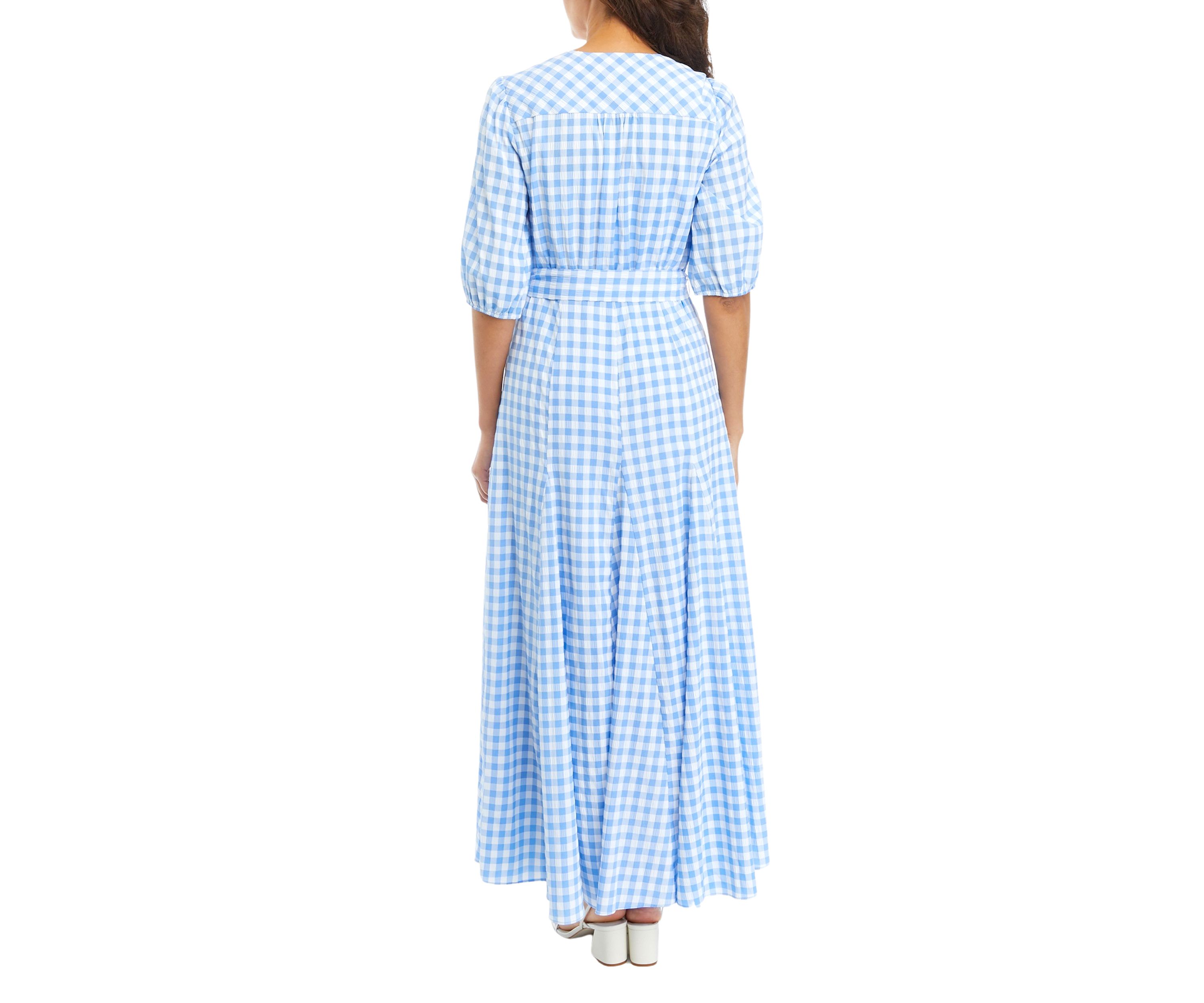 Womens 3/4 Sleeve Tie Waist Gingham Print Midi Dress