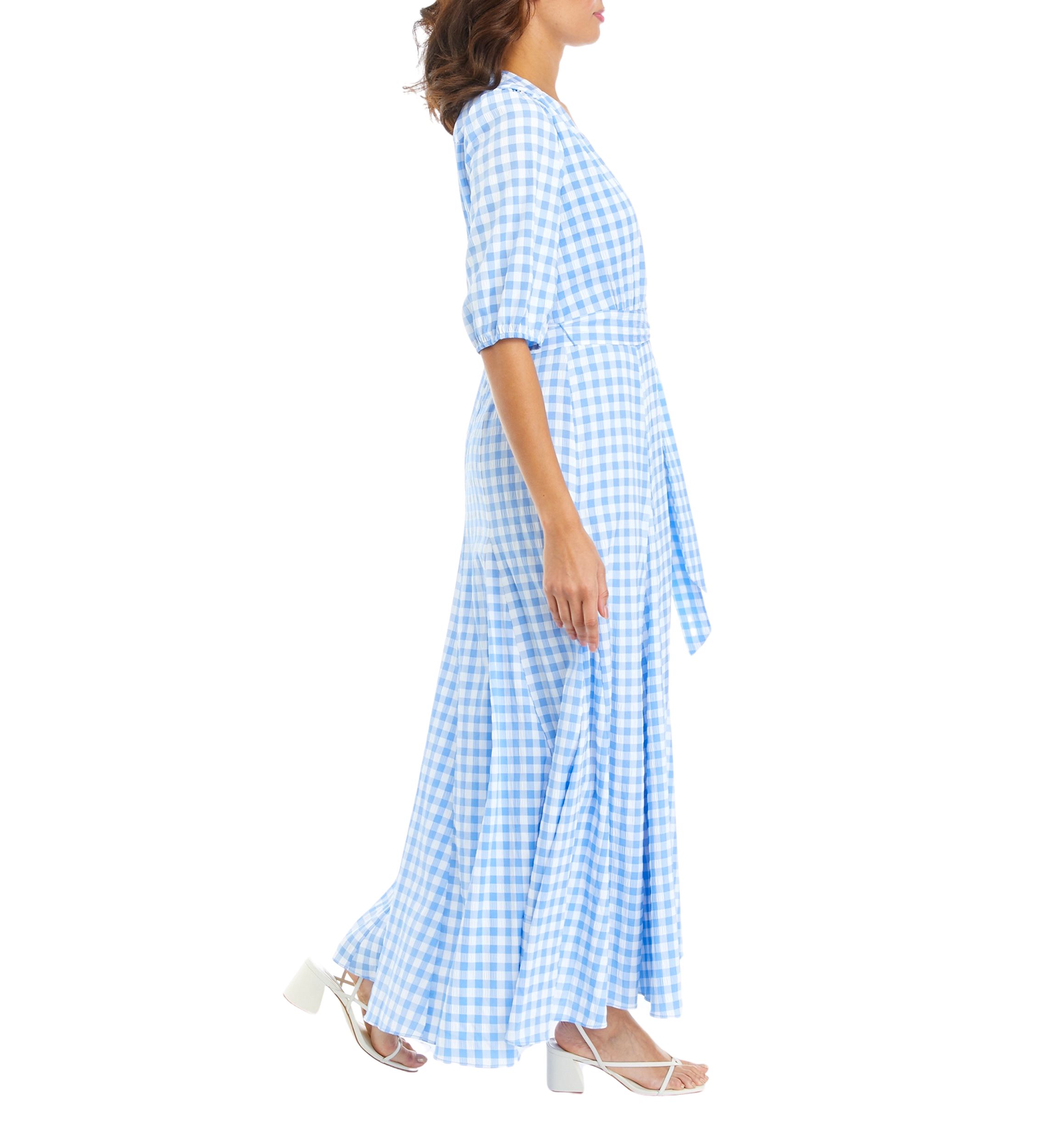 Womens 3/4 Sleeve Tie Waist Gingham Print Midi Dress