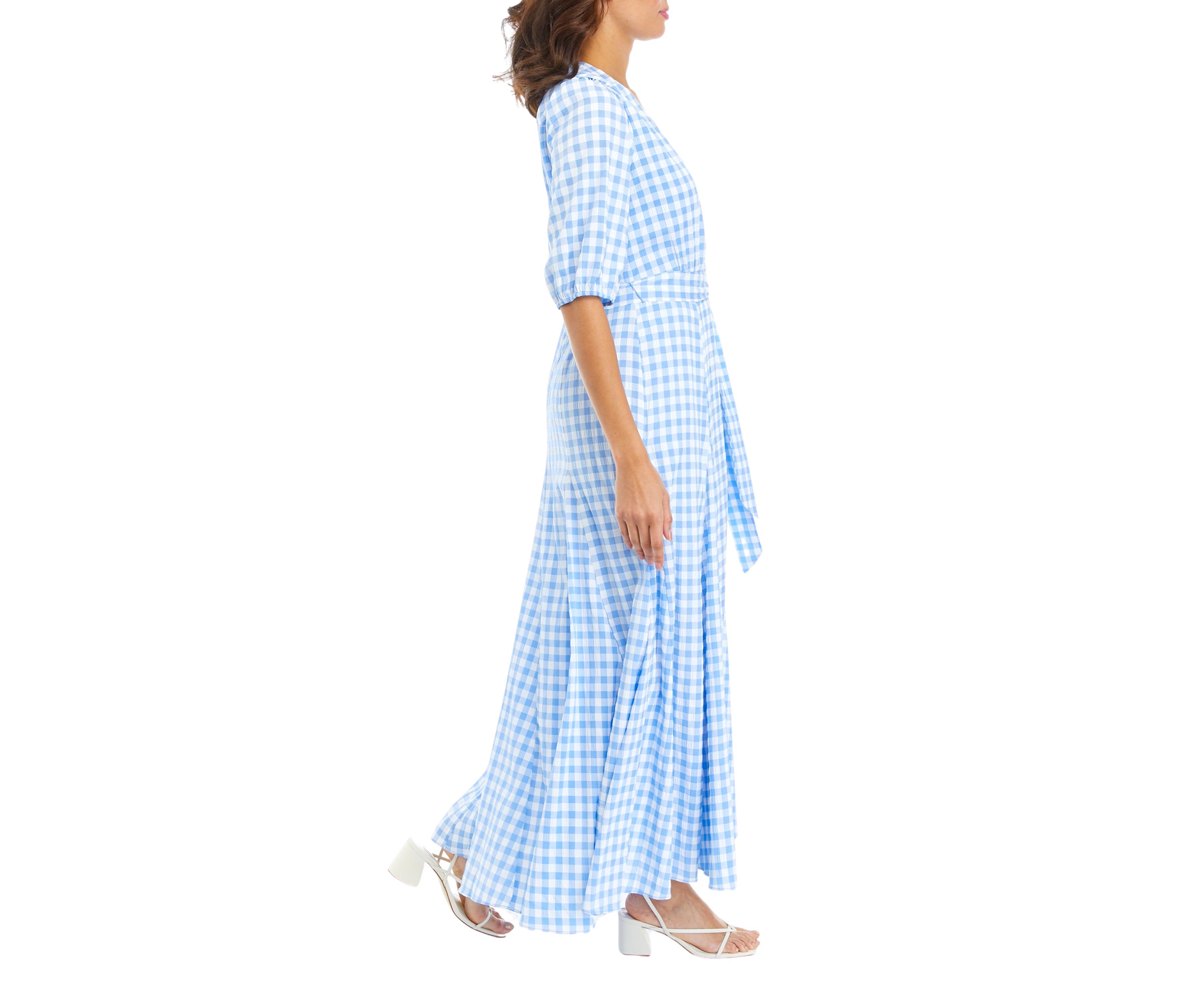 Womens 3/4 Sleeve Tie Waist Gingham Print Midi Dress
