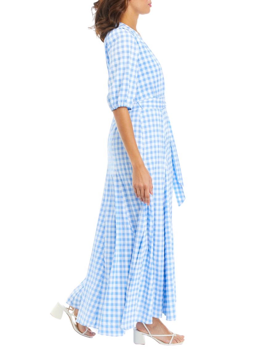 Womens 3/4 Sleeve Tie Waist Gingham Print Midi Dress