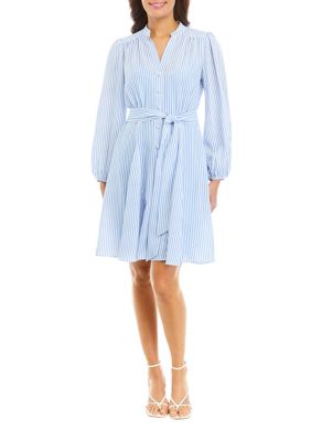 Women's Long Sleeve V-Neck Striped Tie Waist Fit and Flare Dress