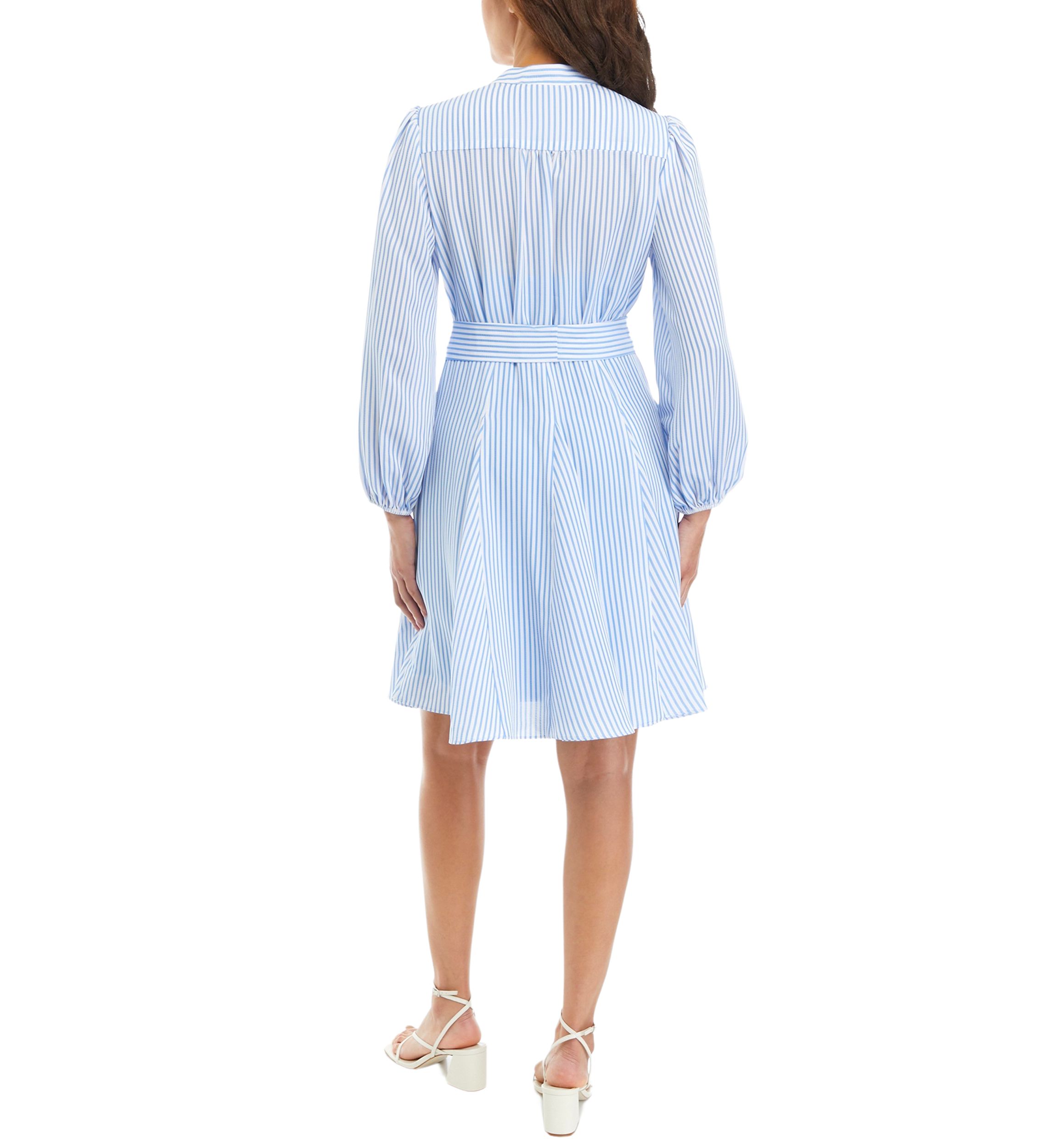 Womens Long Sleeve V-Neck Striped Tie Waist Fit and Flare Dress