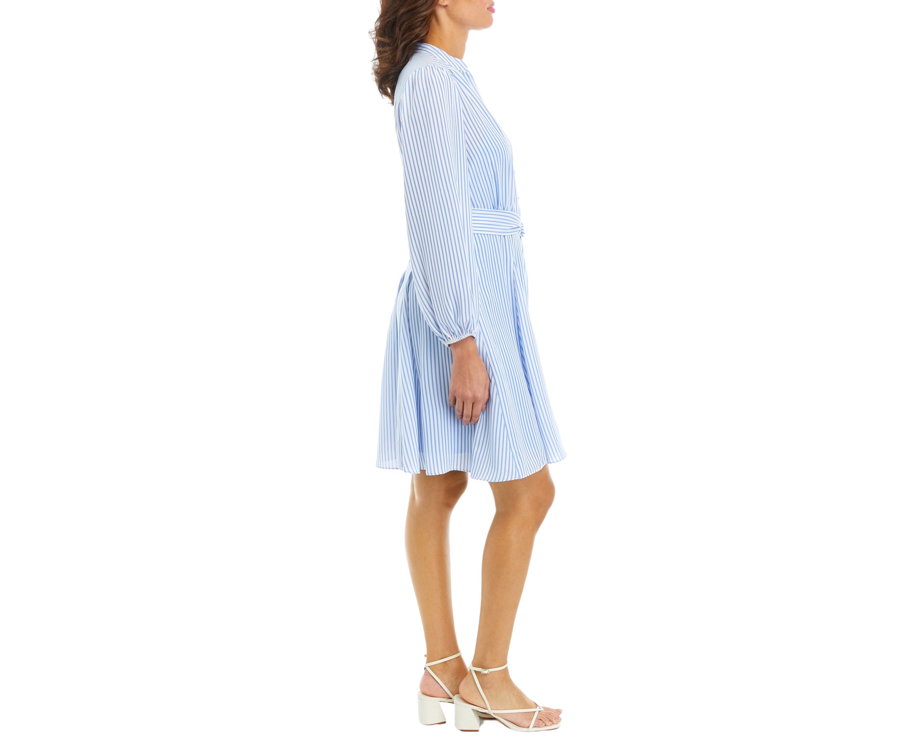 Womens Long Sleeve V-Neck Striped Tie Waist Fit and Flare Dress