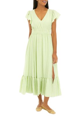 Women's Short Sleeve V-Neck Gingham Print Midi Dress