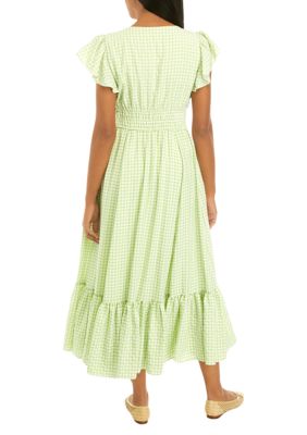 Women's Short Sleeve V-Neck Gingham Print Midi Dress