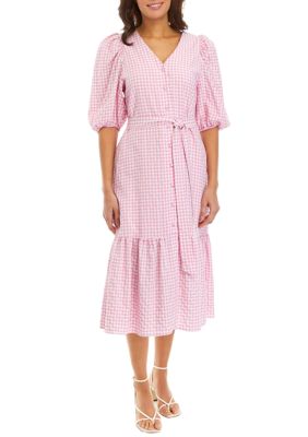 Women's 3/4 Sleeve V-Neck Gingham Print Tie Waist Midi Dress