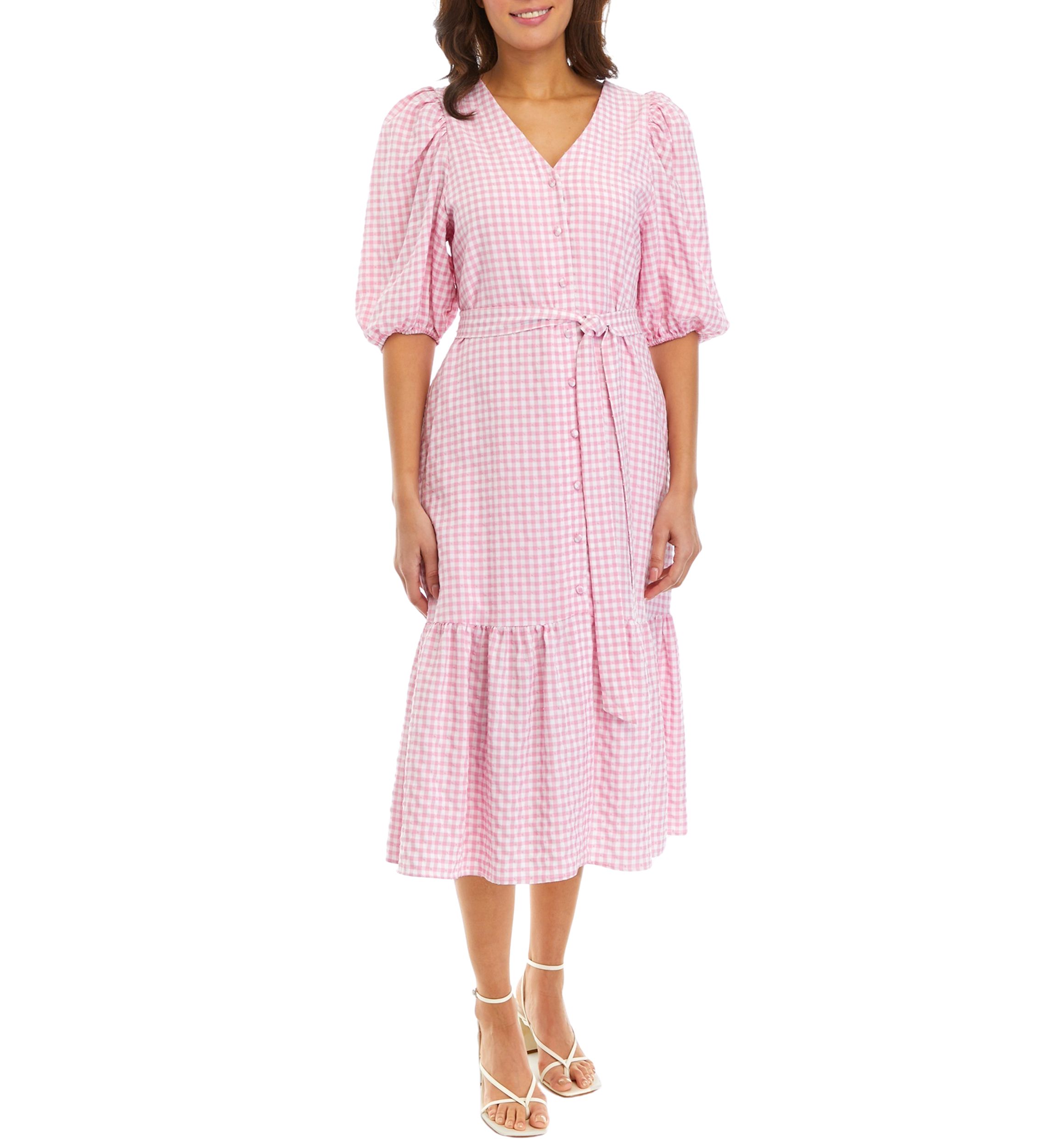 Womens 3/4 Sleeve V-Neck Gingham Print Tie Waist Midi Dress