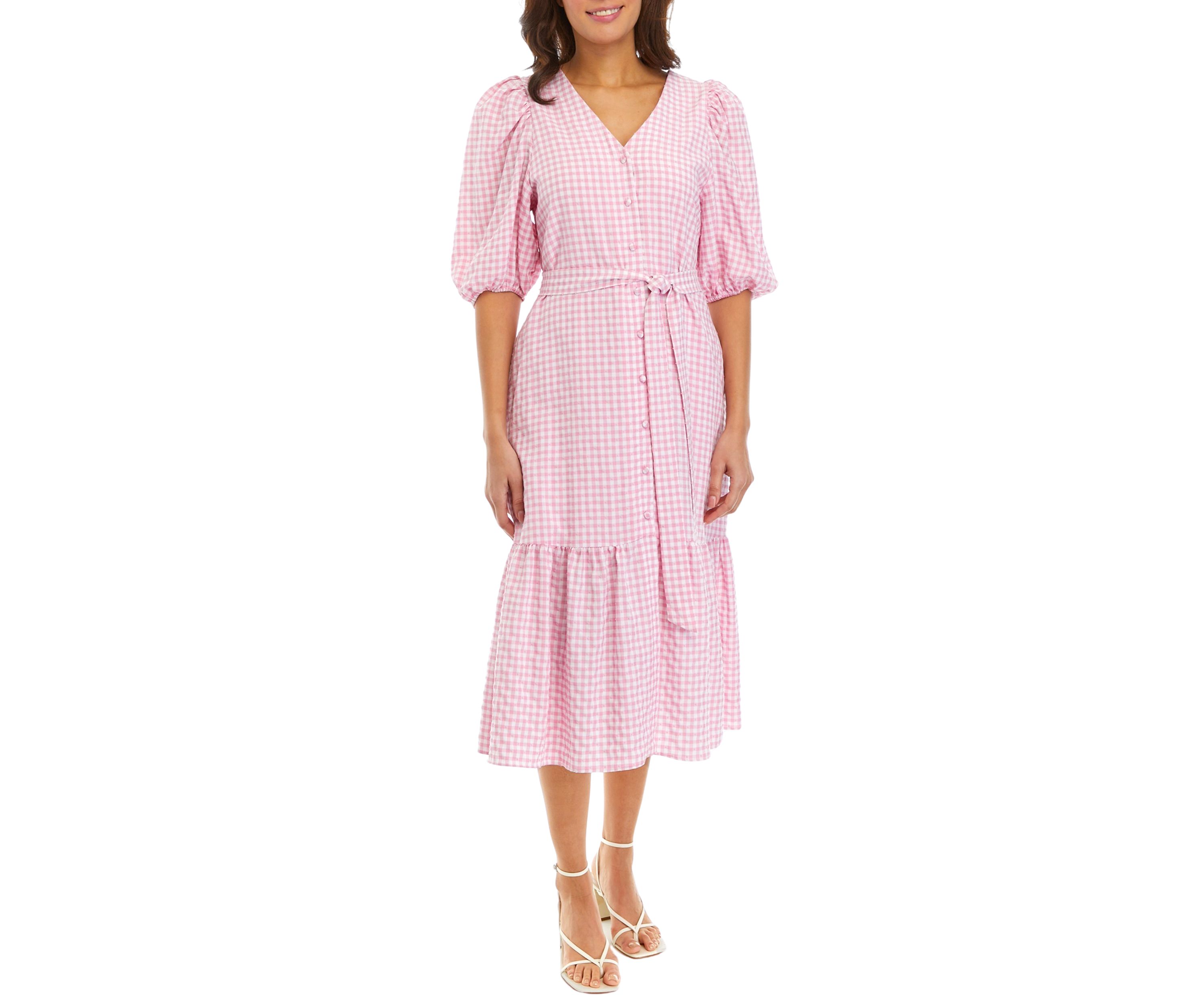 Womens 3/4 Sleeve V-Neck Gingham Print Tie Waist Midi Dress