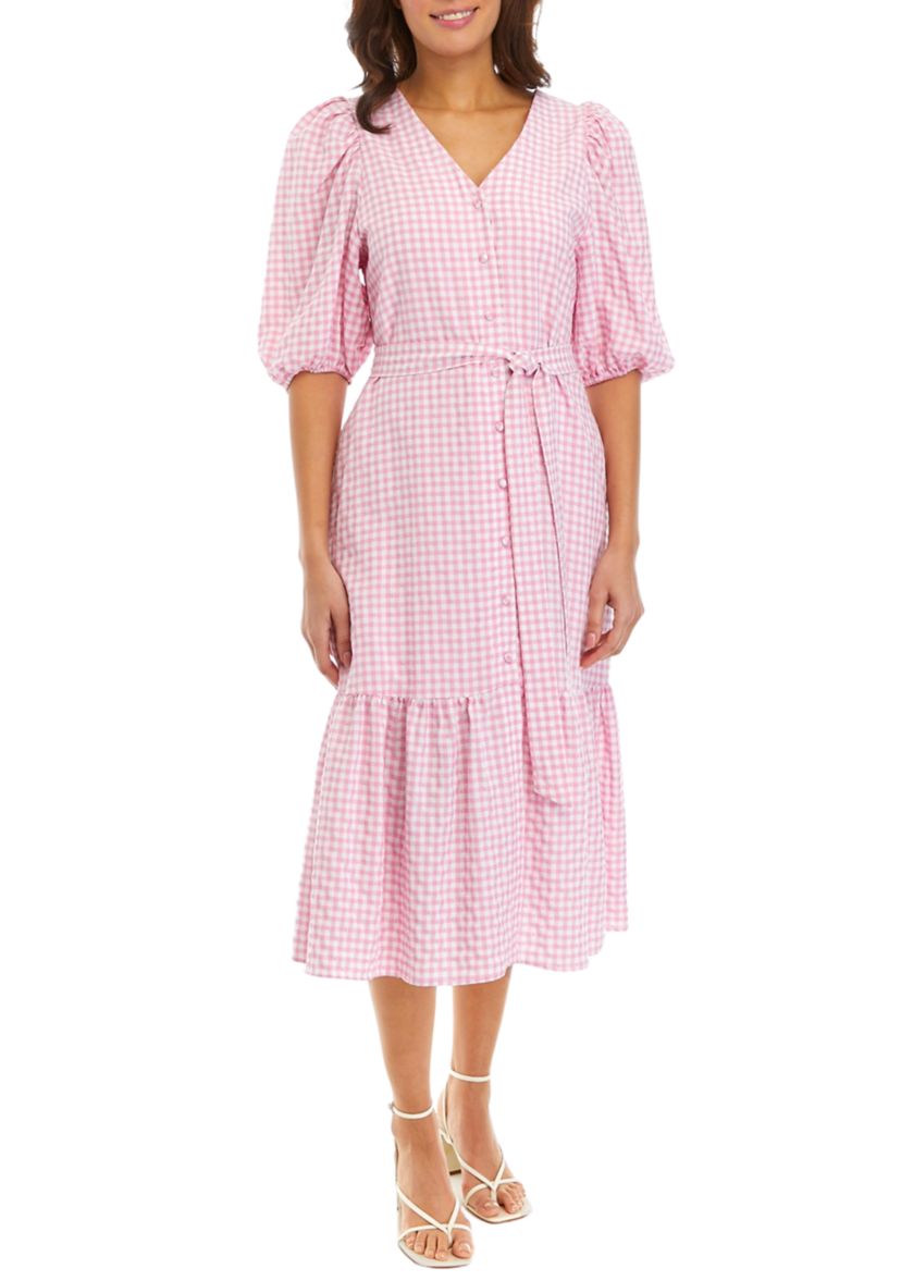 Womens 3/4 Sleeve V-Neck Gingham Print Tie Waist Midi Dress